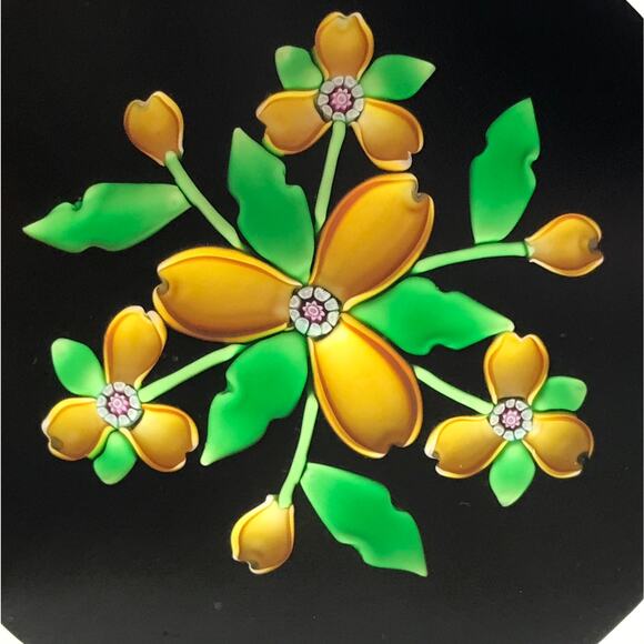 Perthshire 2001B Amber Bouquet Lampwork Flower Black Ground Faceted Paperweight - Picture 6 of 12